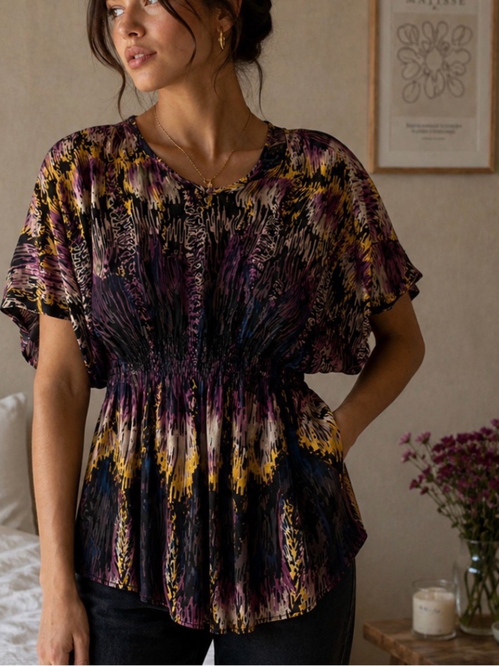 $198 Parker Abstract Printed Silk Top in Purple, Yellow & Black Sz S